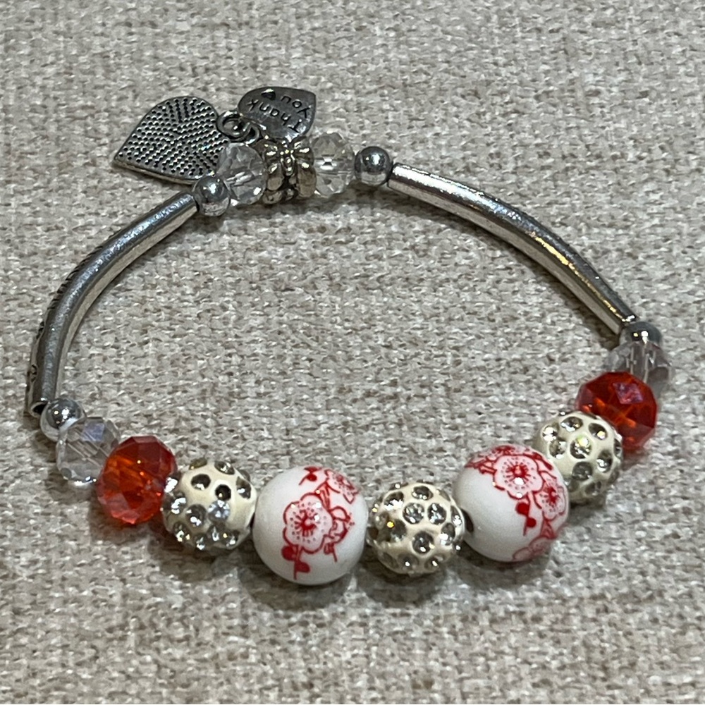 Floral Beaded Silver Charm Stretch Bracelet